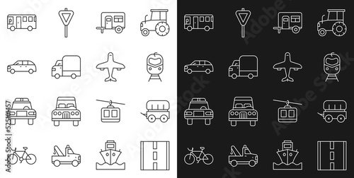 Set line Road, Wild west covered wagon, Train and railway, Rv Camping trailer, Delivery cargo truck, Hatchback, Bus and Plane icon. Vector