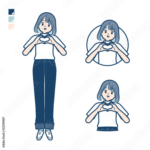 Tシャツを着た若い女性が手でハートマークを作っているイラスト