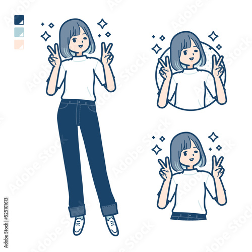 Tシャツを着た若い女性がピースサインをしているイラスト