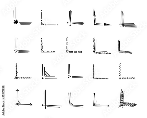 Corners hand-drawn set.Decorative monograms, calligraphic borders.Page design,vintage elements for text decor.Use for invitations,menus,labels,stickers,cards.Doodle style.Isolated.Vector illustration