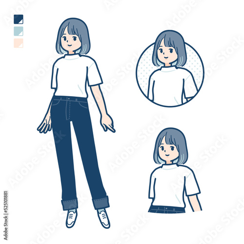 Tシャツを着た若い女性がリラックスしているイラスト