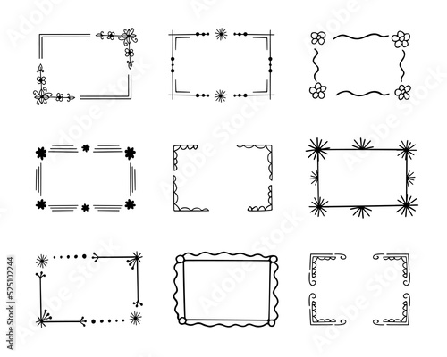 Doodle frames set, hand-drawn monograms.Edgings and cadres with simple sketchy elements for your design.Isolated. Vector illustration.