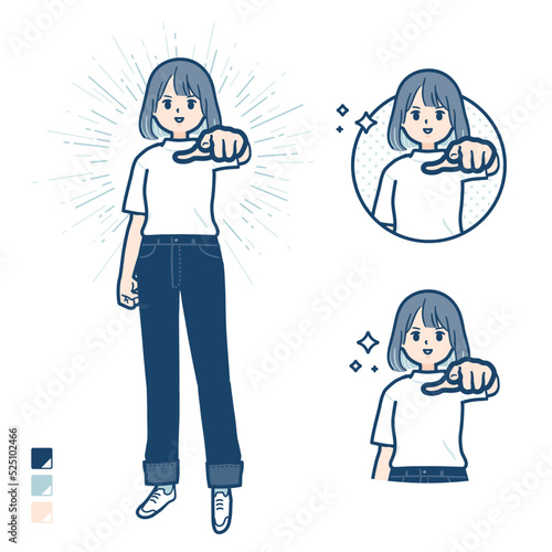 Tシャツを着た若い女性が正面を指差しているイラスト