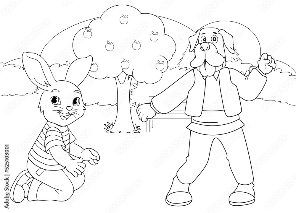 coloring page rabbit and puppy with nature background coloring page rabbit and puppy with nature background