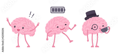 Human brain cute character set, battery, coffee, exclamation. Healthy inspired active memory, surprise, strong positive emotion, bright physical or mental activity. Vector flat style illustration