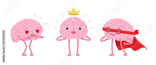 Human brain cute character set, love, crown, superhero. Emotional attachment and sexual attraction, deep pleasure, adoration, personal triumph, power. Vector flat style illustration