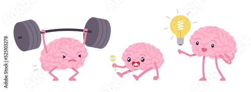 Human brain cute character set, weight lifting, baby, idea. Strong, agile, adaptable, mental fitness, sharp idea, productive cognitive health, little baby. Vector flat style illustration