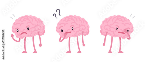 Human brain cute character set, exclamation, question. Resolution or discussion, difficulty to understand or find out information, seeking in interrogative way, testing. Vector flat style illustration
