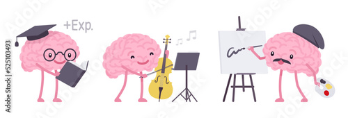 Human brain cute character set, art, education grow. Healthy emotional intellectual development, enthusiasm, active development in early years, study achievement. Vector flat style illustration