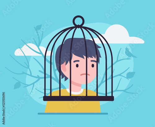 Man, human brain trapped in cage, obstruction. Depression, panic and worry, obsessed, memory problems, cognitive therapy, mind under influence, self-control, prisoner capture. Vector illustration