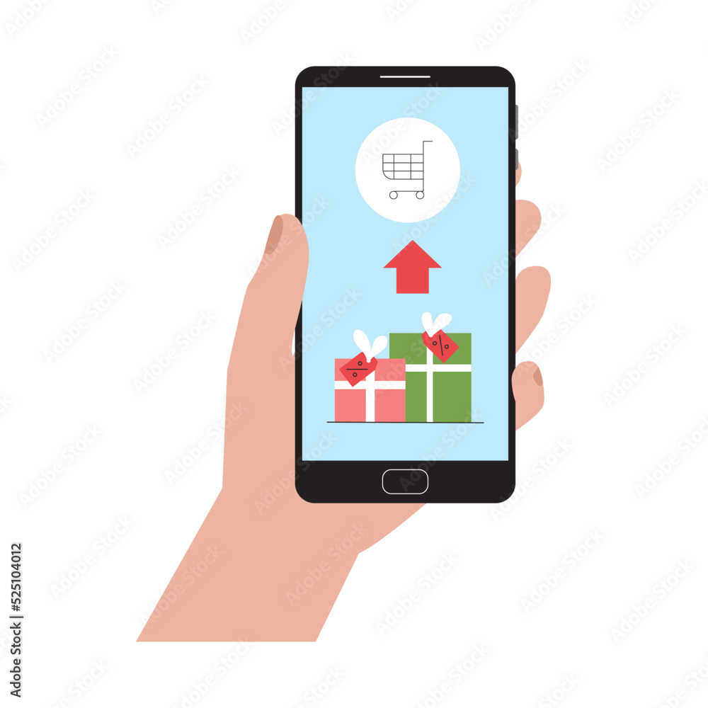 Hand holding smartphone, makes internet order. Sales and discounts of gifts for the New Year or Christmas holiday.Online shopping concept, flat style.Isolated.Vector illustration Hand holding smartphone, makes internet order. Sales and discounts of gifts for the New Year or Christmas holiday.Online shopping concept, flat style.Isolated.Vector illustration