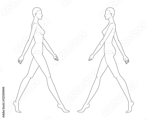 Walking women Fashion template 9 nine head size female with main lines for technical clothes drawing. Lady figures side view. Vector isolated outline sketch girl for fashion sketching and illustration