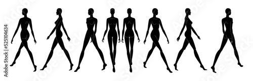 Set of Silhouette Walking women Fashion template 9 nine head size female for technical drawing. Lady figure front, side, 3-4 and back view. Vector outline girl for fashion sketching and illustration.