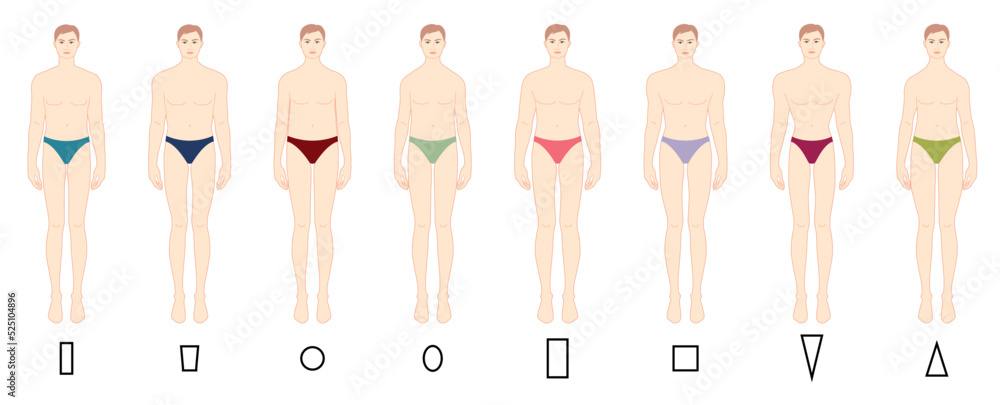 Vetor de Set of Men body shape types in underwear: triangle, column,  trapezium, circle, oval, square, inverted triangle. Male Vector outline  sketch isolated illustration size Gentlemen figure front view boy do Stock