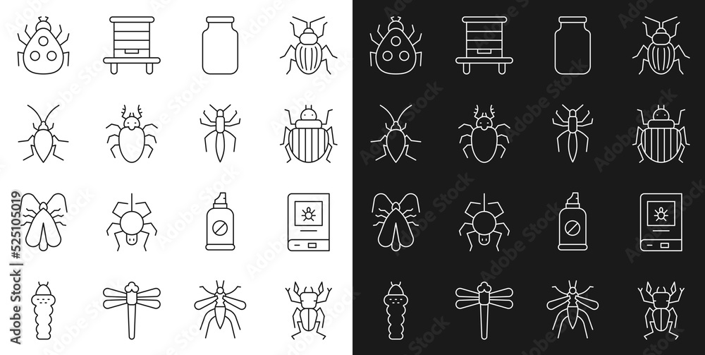 Set line Beetle deer, Book about insect, Colorado beetle, Glass jar, Cockroach, Ladybug and Spider icon. Vector