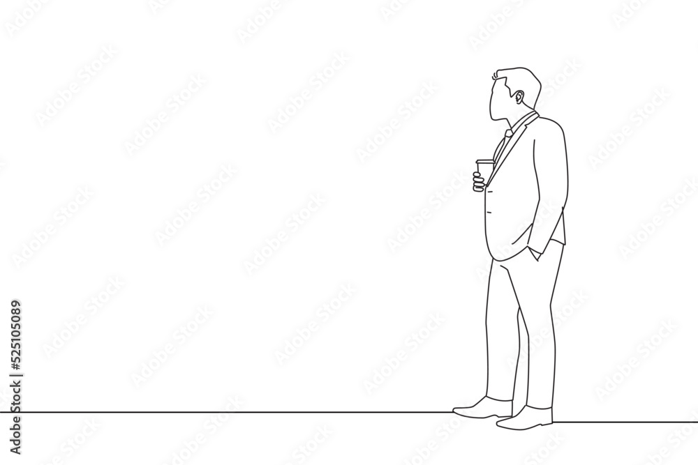 Drawing of businessman drinking a coffee and looking out. Oneline art drawing style