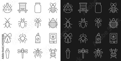 Set line Beetle deer, Book about insect, Colorado beetle, Glass jar, Cockroach, Ladybug and Spider icon. Vector
