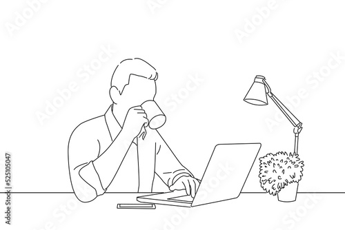 Cartoon of businessman drinking coffee while sitting at his working place at night time rebooting his energy to work. Outline drawing style art