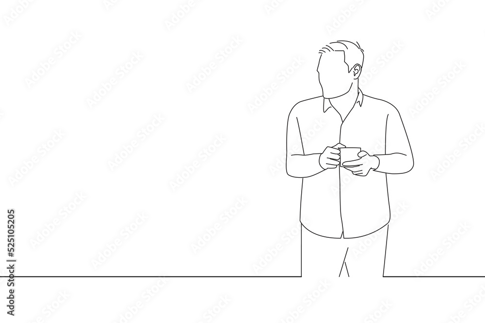 Illustration of young businessman holding drinking coffee cup in office looking through window while standing. Line art style