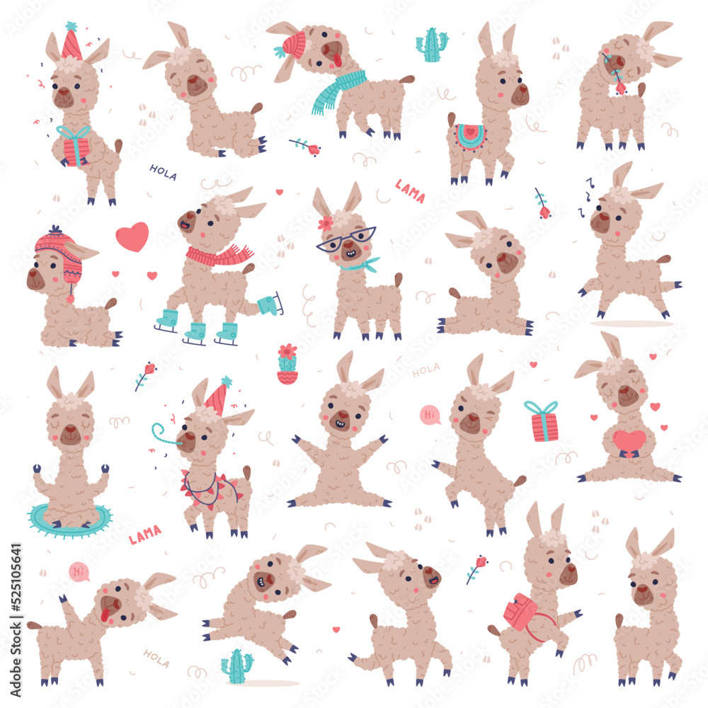 Fototapeta premium Cute fluffy baby llama in everyday activities set. Funny alpaca domesticated animal characters cartoon vector illustration