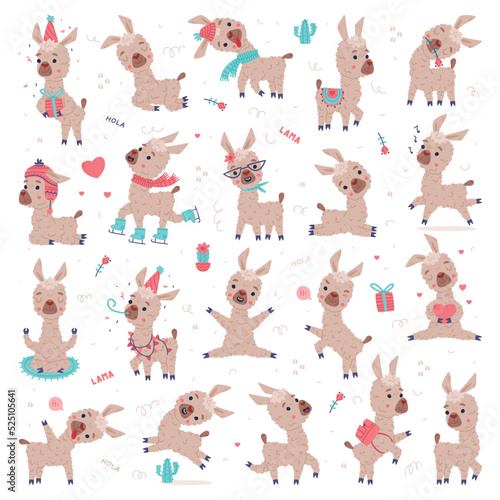 Fototapeta Naklejka Na Ścianę i Meble -  Cute fluffy baby llama in everyday activities set. Funny alpaca domesticated animal characters cartoon vector illustration