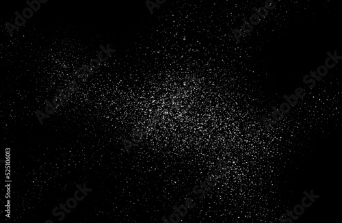 Dust particles effect vector splatter on black background texture. Dust overlay noise dirt background.