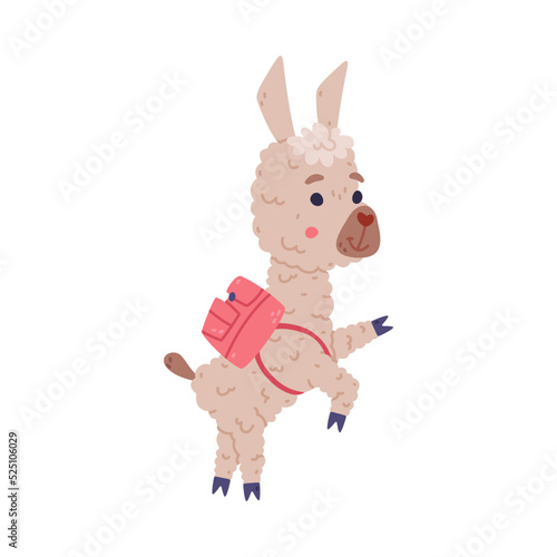 Cute baby llama walking with backpack. Alpaca character domesticated animal. Childish print for sticker, card, textile, nursery decor vector illustration