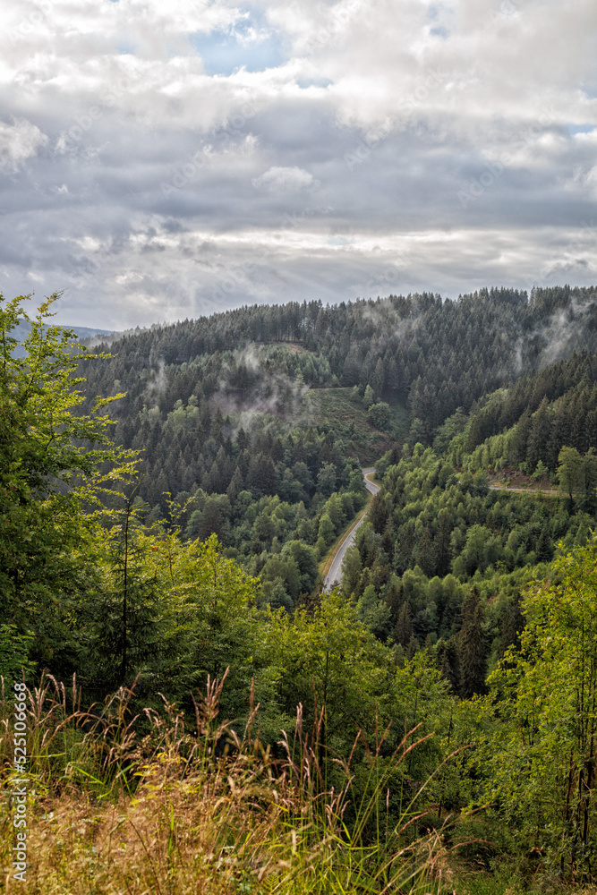 Straße bei Lautenthal im Harz, durch Berge und Wolken