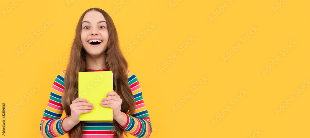 Happy girl child smile holding school book yellow background, schooling. Banner of schoolgirl student. School child pupil portrait with copy space. Happy girl child smile holding school book yellow background, schooling. Banner of schoolgirl student. School child pupil portrait with copy space.