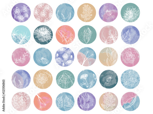 Highlight watercolor cover set, abstract floral botanical icons for social media. Highlight icons