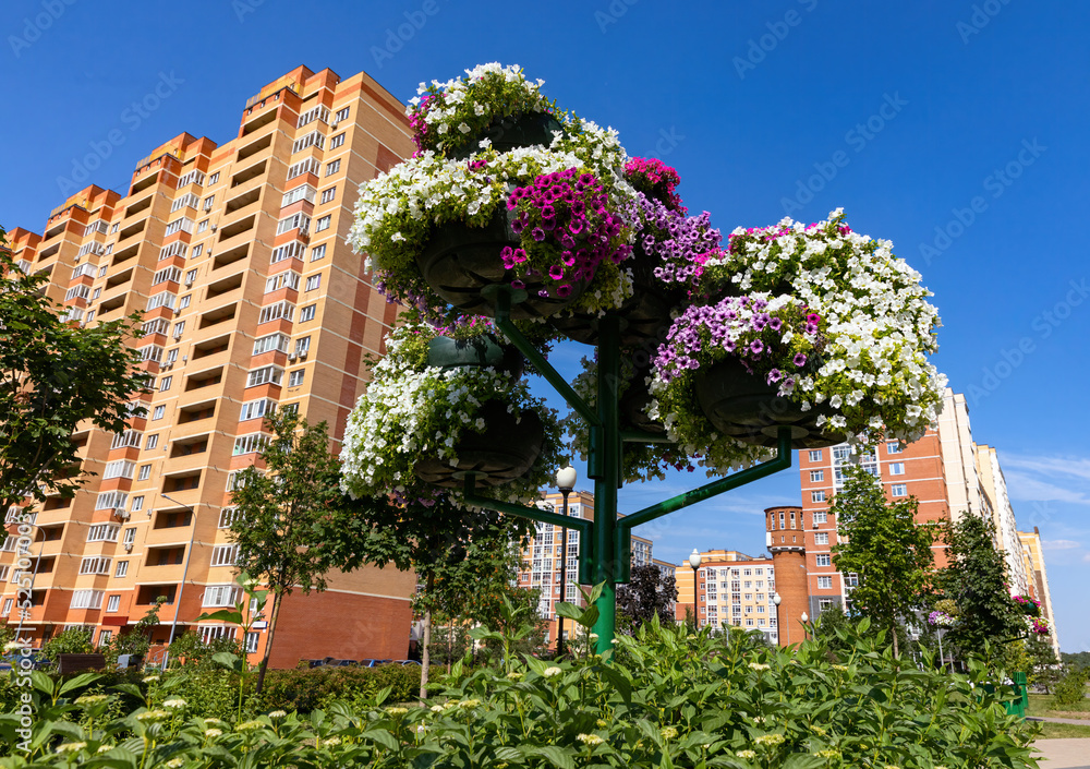 Street flower pot stand in the residential buildings district