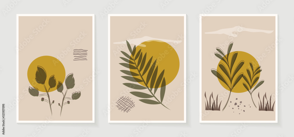 Set of abstract wall art vector background. Wall decor design with leaf branch, leaves, foliage, plant, tree. Abstract watercolor painting for wall decoration, interior, prints, cover, and postcard