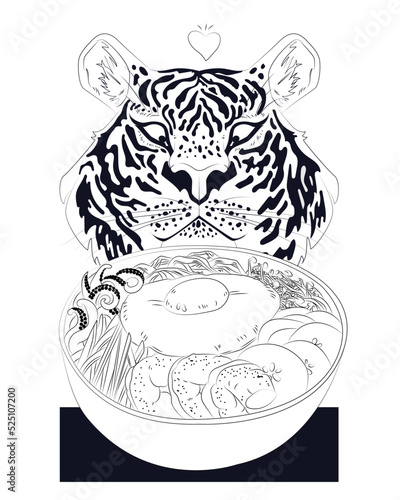 Vector illustration. The tiger looks at the bibimbap plate with appetite
