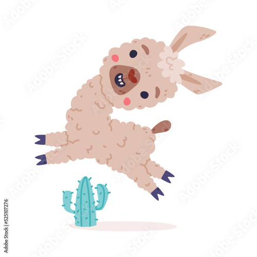 Cute baby llama happily jumping. Alpaca character domesticated animal. Childish print for sticker, card, textile, nursery decor vector illustration