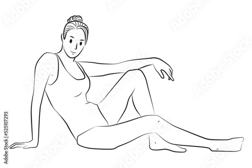 girl in swimsuit sitting on the floor pose line art outline cartoon illustration