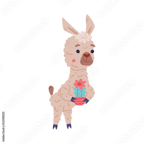 Cute baby llama holding cactus in flower pot. Alpaca character domesticated animal. Childish print for sticker, card, textile, nursery decor vector illustration
