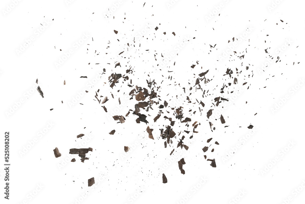 Explosion effect, burned, charred paper scraps, scattered isolated on white texture, top view