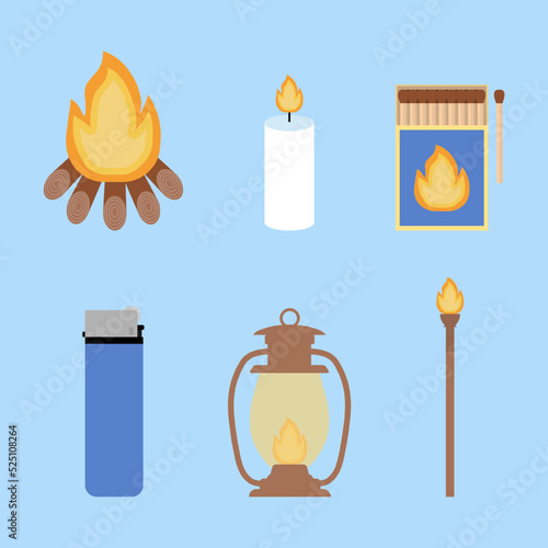 Set of sources of fire. Bonfire, candle, matchbox, lighter, gas lamp, tourch. Flat clip arts. Simple vector illustration