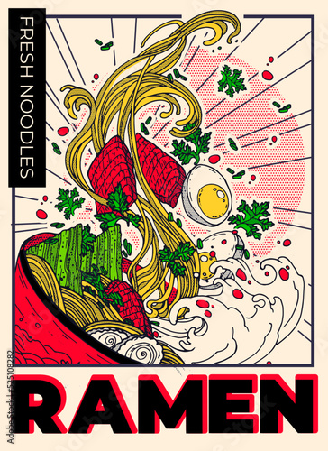 Vector flat cartoon illustration. Japanese ramen soup with herbs, egg, seaweed in a plate with fish