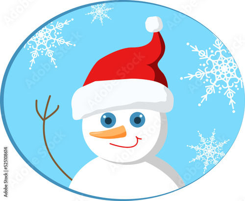 Snowman portrait on blue light background with snowflakes.