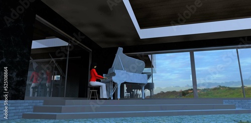 A woman plays a white marble piano on the porch of a modern house with large panoramic mirrored windows. 3d render.