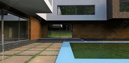 Walkway paved with concrete slabs to the entrance with glass sliding doors. Near the pool with cold water. Wall decoration facade board. 3d render.