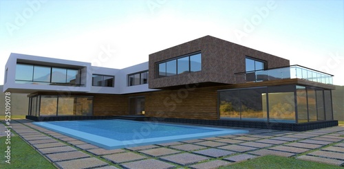 Wonderful country villa with pool. Large concrete slabs as flooring. The sun sets behind the house. Mountains in the background. 3d render.