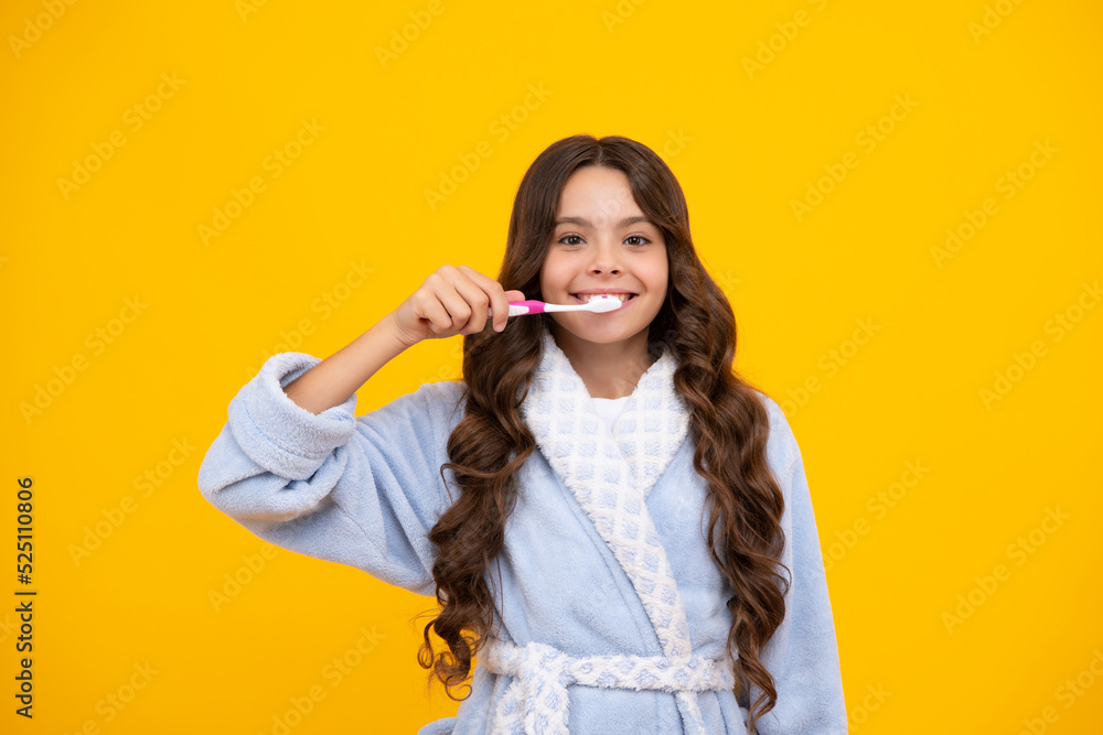 Night brushing teeth. Dental care, hygiene and child. Teenage girl with toothbrush brushing teeth. Night brushing teeth. Dental care, hygiene and child. Teenage girl with toothbrush brushing teeth.