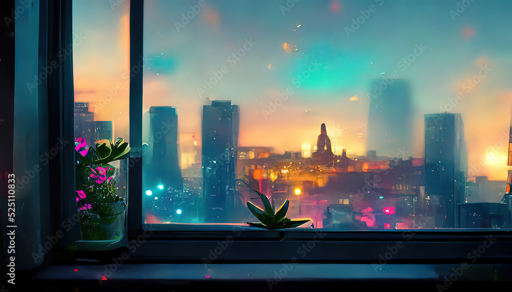 Window view of a city at night. Lofi, anime, manga style. Desk to study.  Chill, cozy, comfortable room. Messy place. Relaxed colorful appartment,  tranquil digital painting. 4k wallpaper, background. Stock Illustration |