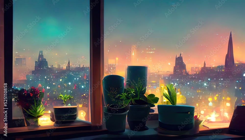 Window view of a city at night Lofi anime manga style Desk to study  Chill cozy comfortable room Messy place Relaxed colorful appartment  tranquil digital painting 4k wallpaper background Stock Illustration 