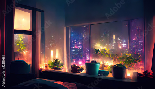 Window view of a city at night. Lofi, anime, manga style. Desk to study. Chill, cozy, comfortable room. Messy  place. Relaxed colorful appartment, tranquil digital painting. 4k wallpaper, background. photo