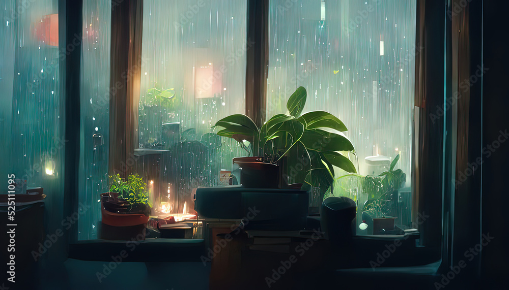 Lofi empty interior. Window view of a rainy day, anime, manga style.  Colorful study lo-fi desk. Cozy chill vibe. Rain day, grey cold outside. 4k  wallpaper. Stock Illustration | Adobe Stock