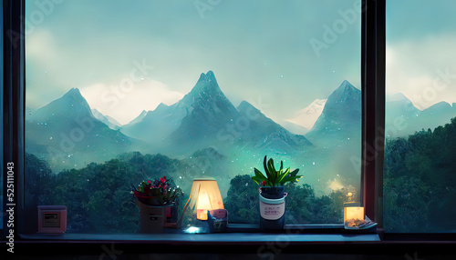 View on the mountains. Lofi, anime, manga interior. Beautiful digital painting. Chill cozy, interior on a mountain landscape. Atmospheric lights.