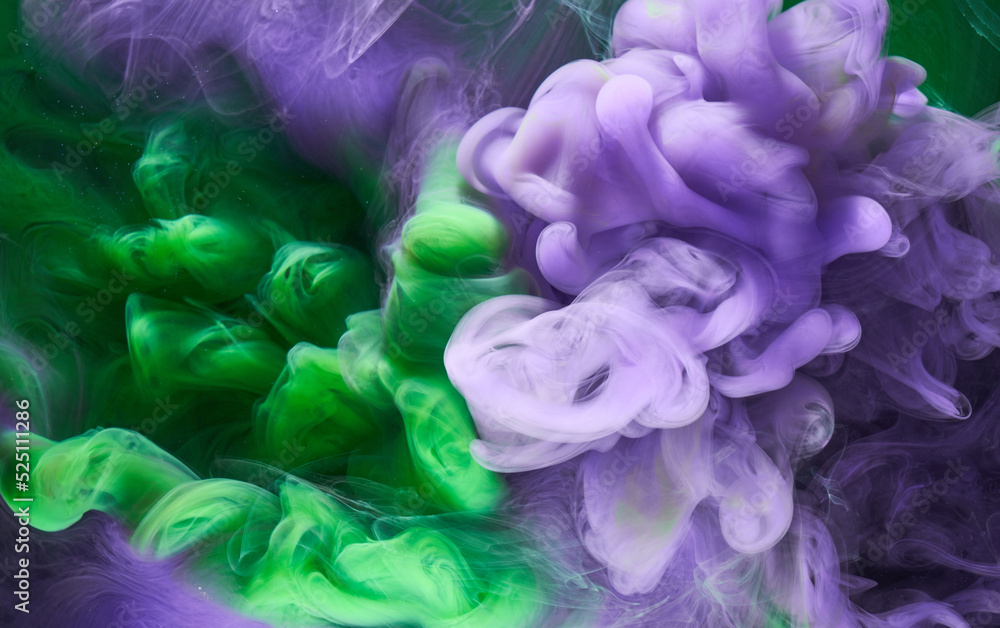 Fototapeta premium Green purple smoke abstract background, acrylic paint underwater explosion